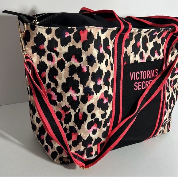 Victoria's Secret Leopard Canvas Tote with Pink and Black Accents - Picture 3 of 6